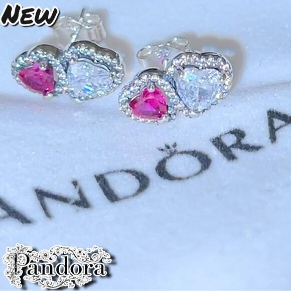 New Pandora Sterling Silver Halo Hearts Stud Earrings with Dust Bag - Picture 3 of 10